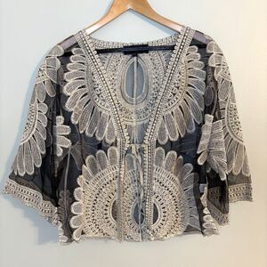 Talk of the Walk Kimono Cardigan Black Mesh Gold Embroidery Sz M/L Boho Nomadic